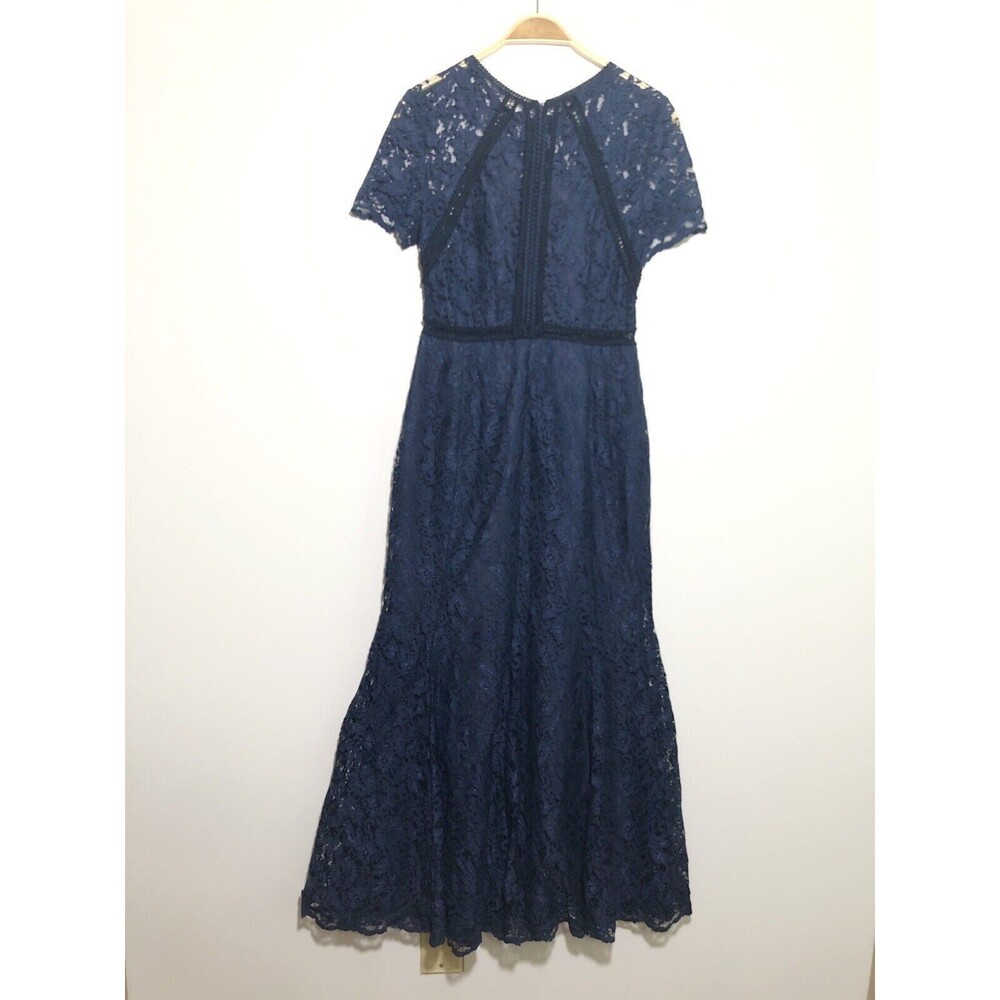 Watters & Watters Dress Womens Small Blue Navy Lace Maxi Fluted Formal Gown